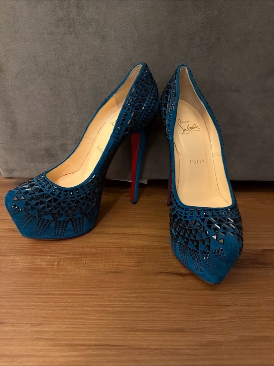 Christian Louboutin Shoes - Christian Louboutin Decora Strass Teal Blue Suede Crystal Platform Pumps 38